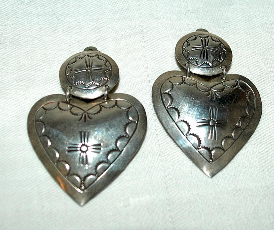 Native American Sterling Silver Heart Concho Clip Large On Earring Signed HDM