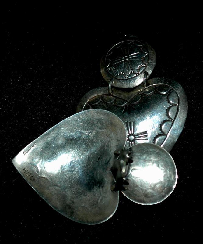 Native American Sterling Silver Heart Concho Clip Large On Earring Signed HDM