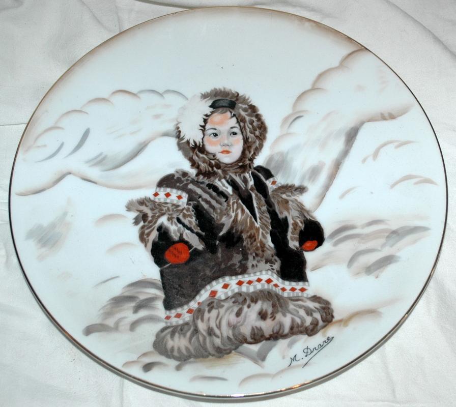 Alaska Eskimo Girl Hand Painted Signed Platter, Drarer, from Kodiak Navy Wives Club
