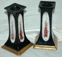 A Pair of O & EG (Oscar & Edgar Gutherz) Royal Austria Porcelain Candlesticks Black with Roses