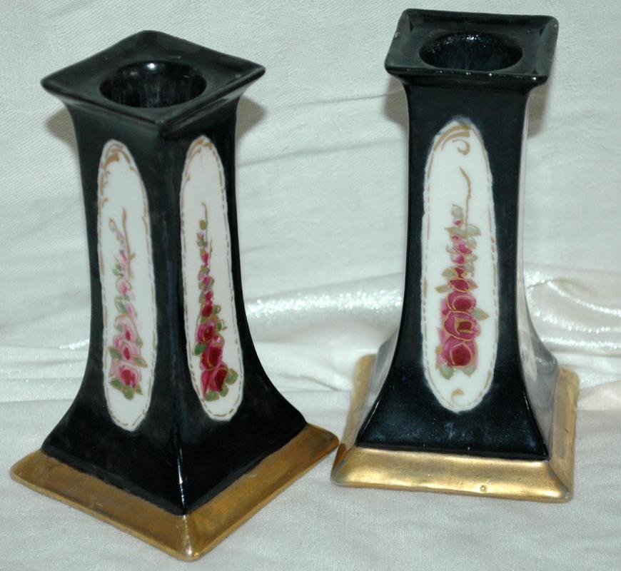 A Pair of O & EG (Oscar & Edgar Gutherz) Royal Austria Porcelain Candlesticks Black with Roses