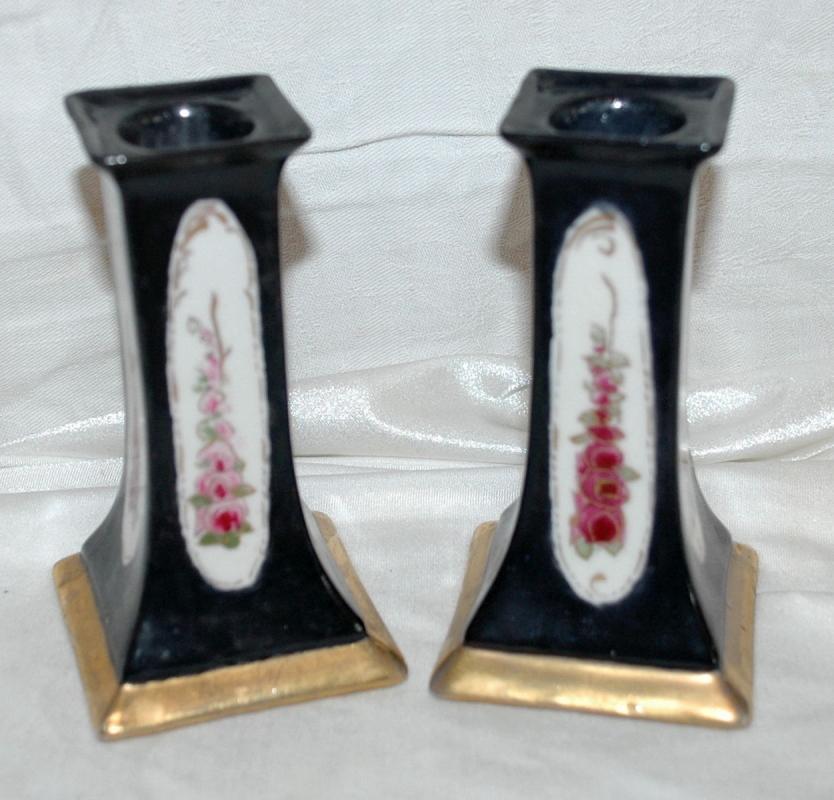 A Pair of O & EG (Oscar & Edgar Gutherz) Royal Austria Porcelain Candlesticks Black with Roses