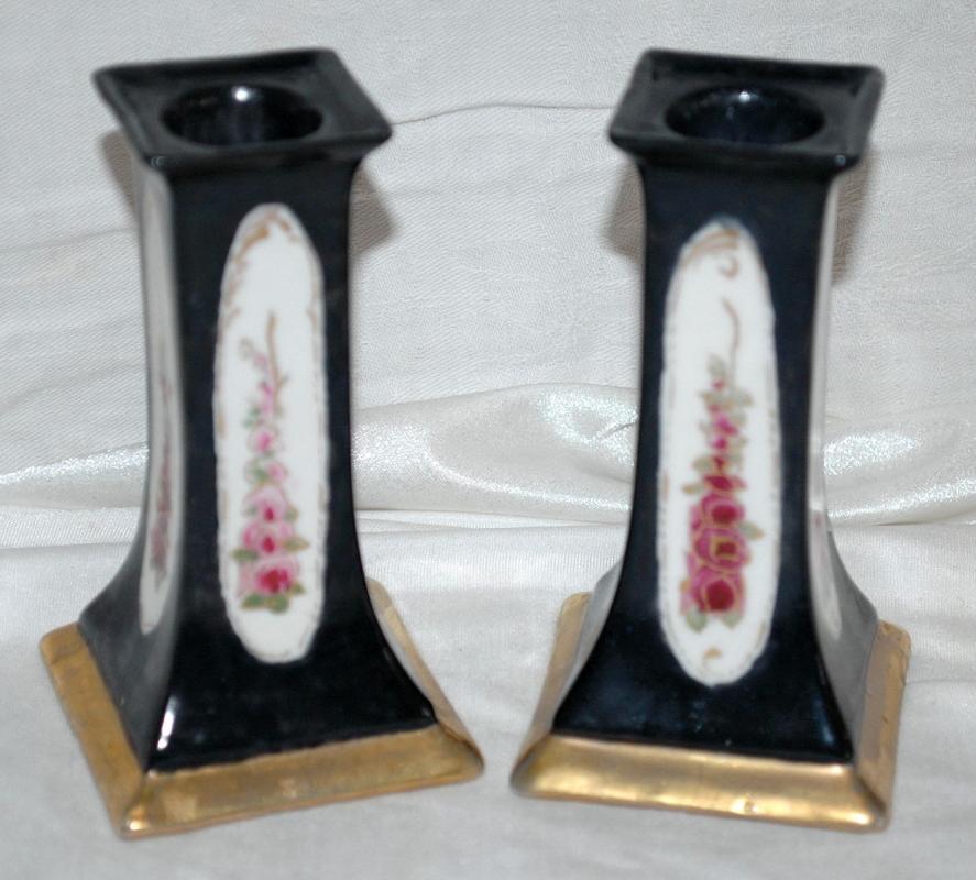 A Pair of O & EG (Oscar & Edgar Gutherz) Royal Austria Porcelain Candlesticks Black with Roses