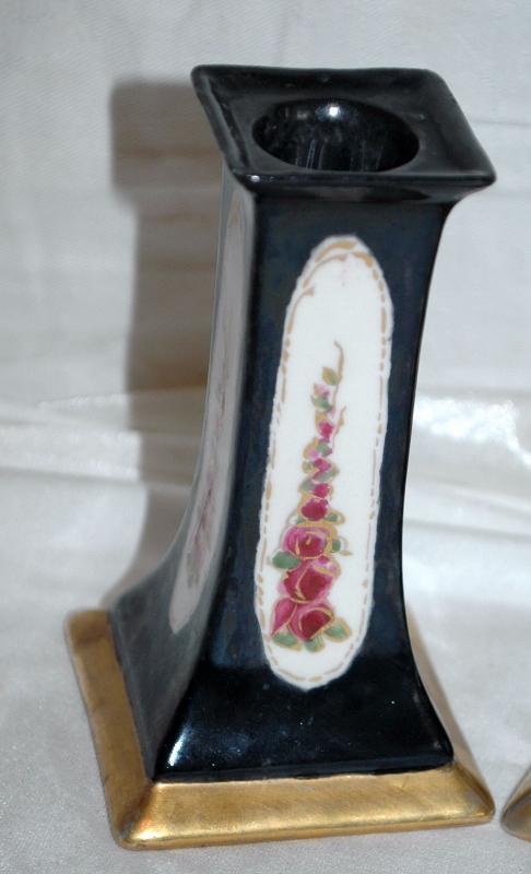A Pair of O & EG (Oscar & Edgar Gutherz) Royal Austria Porcelain Candlesticks Black with Roses