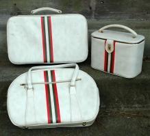 3 Piece Luggage Set Soft White Vinyl with Olive Green & Coral Stripe