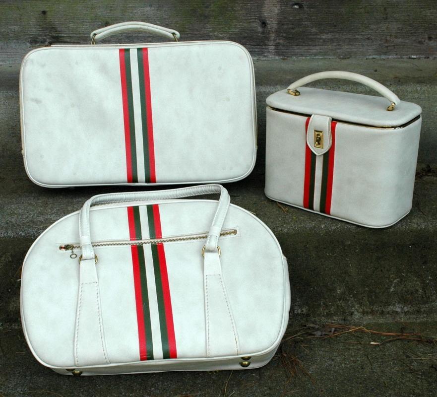 3 Piece Luggage Set Soft White Vinyl with Olive Green & Coral Stripe