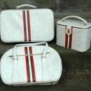 3 Piece Luggage Set Soft White Vinyl with Olive Green & Coral Stripe