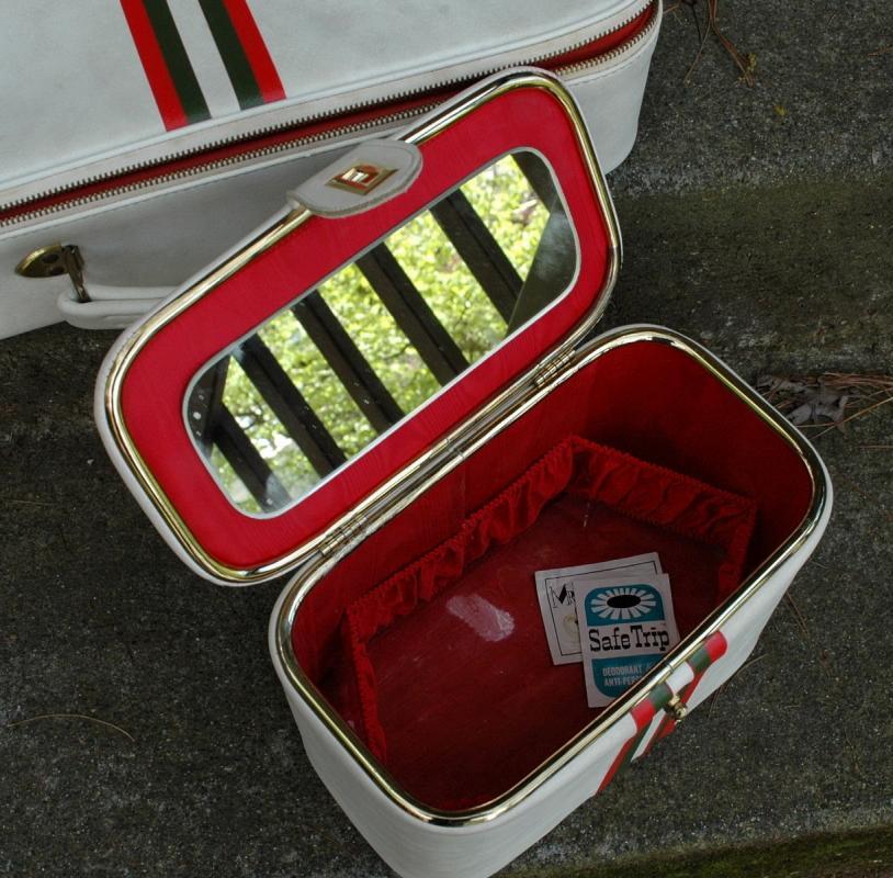 3 Piece Luggage Set Soft White Vinyl with Olive Green & Coral Stripe