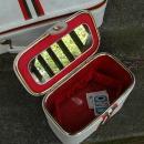 3 Piece Luggage Set Soft White Vinyl with Olive Green & Coral Stripe