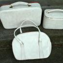 3 Piece Luggage Set Soft White Vinyl with Olive Green & Coral Stripe