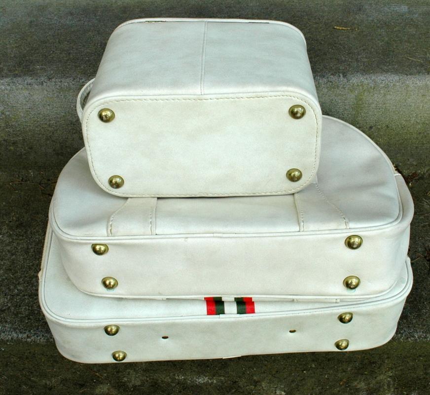 3 Piece Luggage Set Soft White Vinyl with Olive Green & Coral Stripe