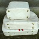 3 Piece Luggage Set Soft White Vinyl with Olive Green & Coral Stripe