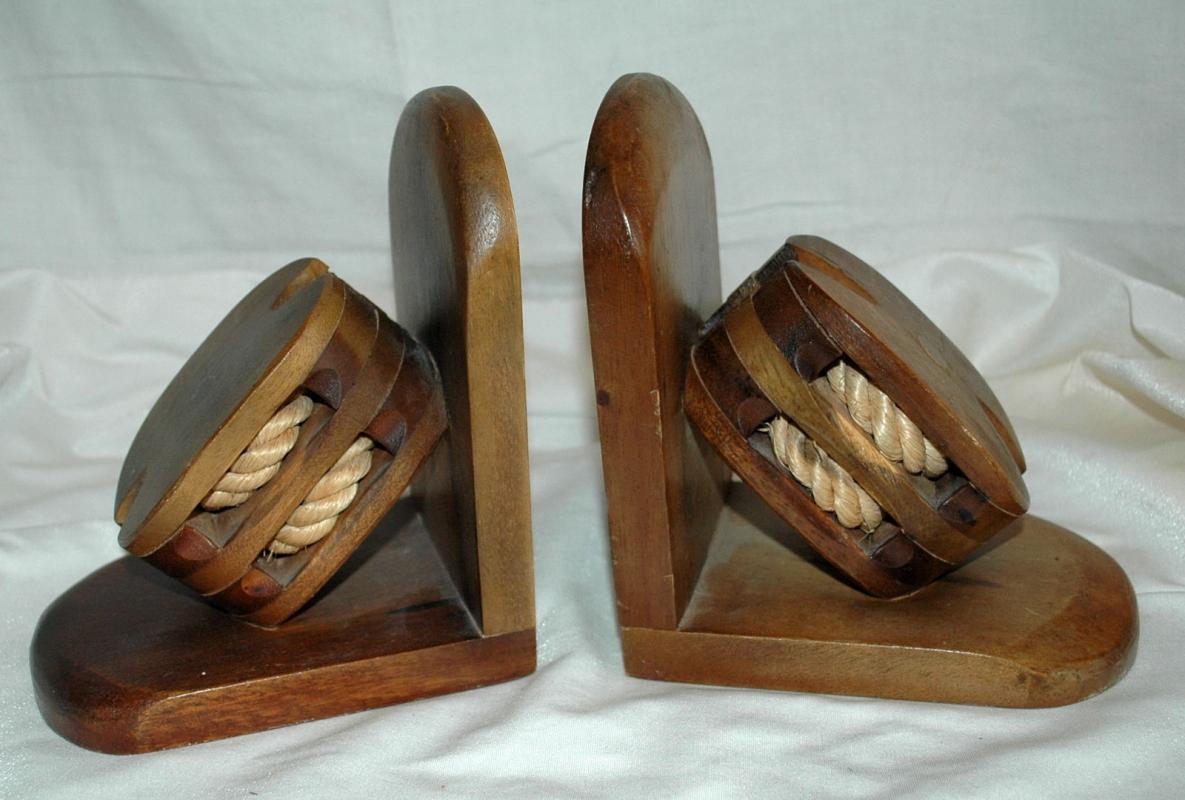 Wood Pulley Rope Bookends / old hand crafted