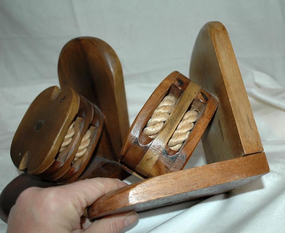 Wood Pulley Rope Bookends / old hand crafted