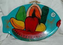 Mexican Folk Art Talavera Pottery Fish Platter Hand Crafted Wall Plate Brilliant Colorful Fruits