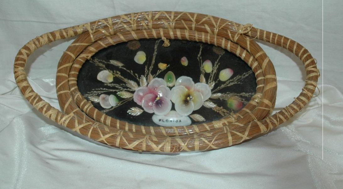 Hand Woven Pine Basket Shells under Glass Tray/ Florida Souvenir