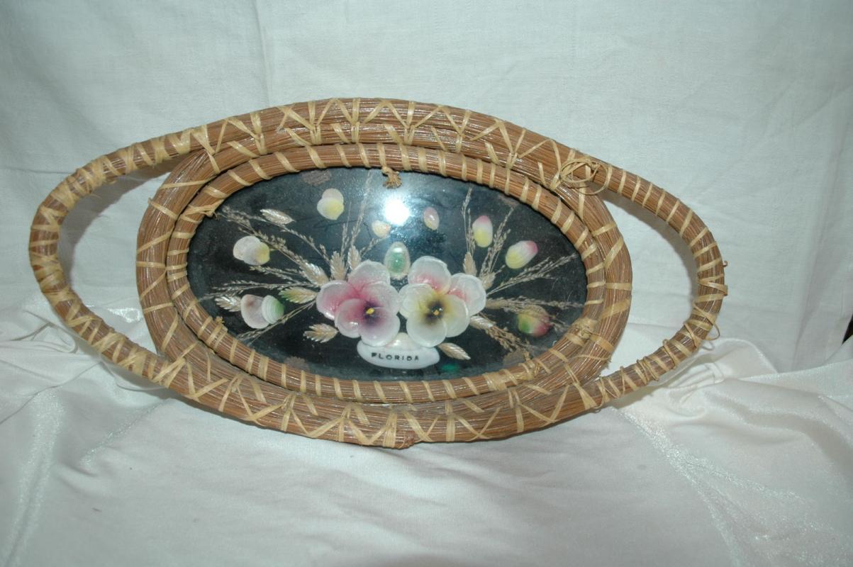 Hand Woven Pine Basket Shells under Glass Tray/ Florida Souvenir