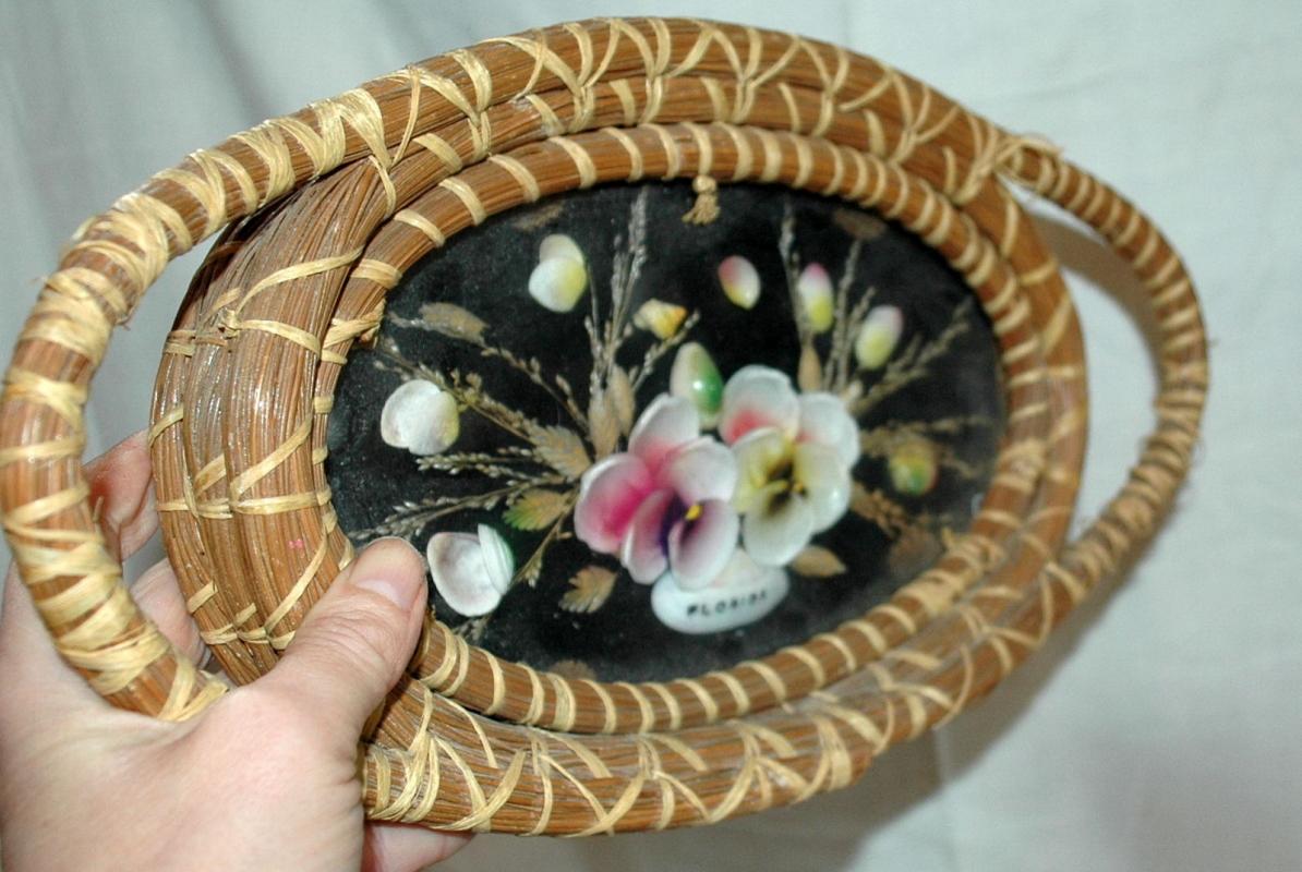 Hand Woven Pine Basket Shells under Glass Tray/ Florida Souvenir