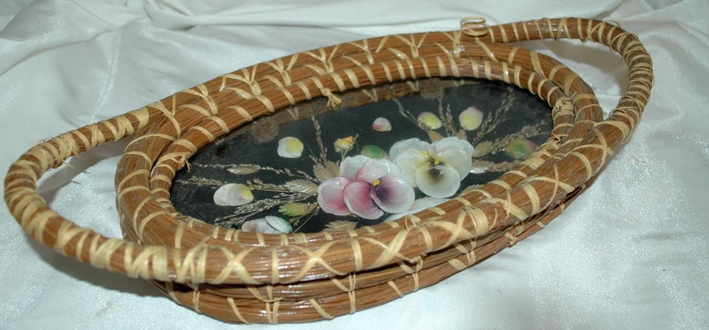 Hand Woven Pine Basket Shells under Glass Tray/ Florida Souvenir