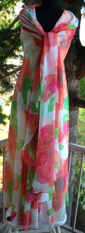 Shannon Rodgers for Jerry Silverman I. Magnin Flowered Chiffon Dress with Attached Scarf or Train