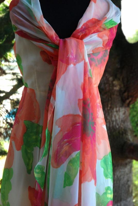Shannon Rodgers for Jerry Silverman I. Magnin Flowered Chiffon Dress with Attached Scarf or Train