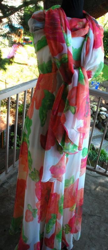 Shannon Rodgers for Jerry Silverman I. Magnin Flowered Chiffon Dress with Attached Scarf or Train