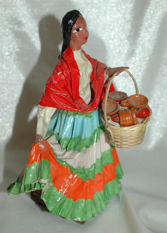 Vintage Mexican Senorita Paper Mache Colorful Traditional Dress Folk Art