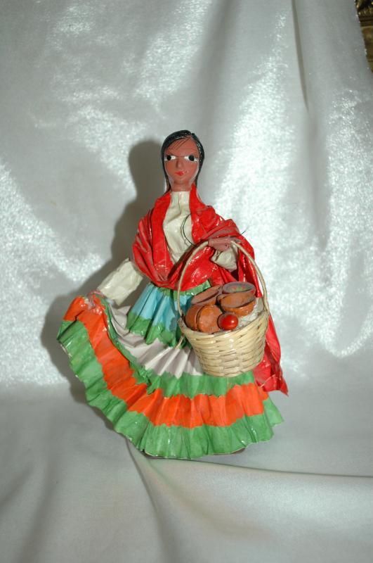 Vintage Mexican Senorita Paper Mache Colorful Traditional Dress Folk Art
