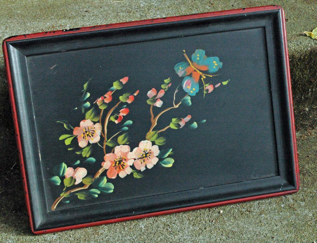 Wood Tray, Hand painted with flower and butterfly