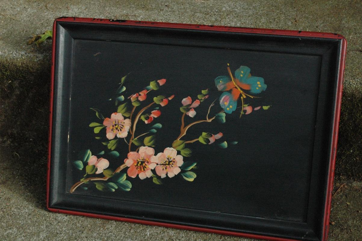 Wood Tray, Hand painted with flower and butterfly
