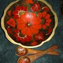 KHOKHLOMA ART - HAND PAINTED MADE IN RUSSIA LACQUERED WOOD Bowl with 2 spoons