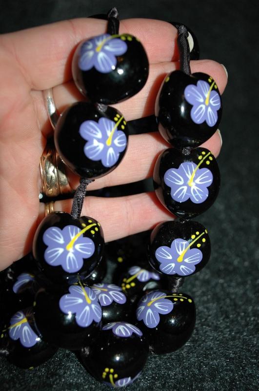 Hand painted Hawaiian Kukui Nut Necklace Lavender Hibiscus Flowers extra long