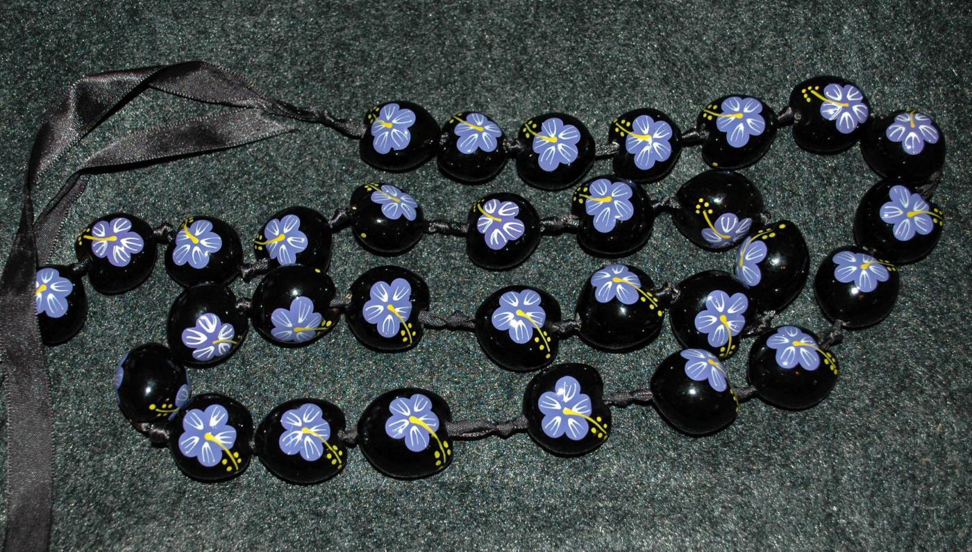 Hand painted Hawaiian Kukui Nut Necklace Lavender Hibiscus Flowers extra long