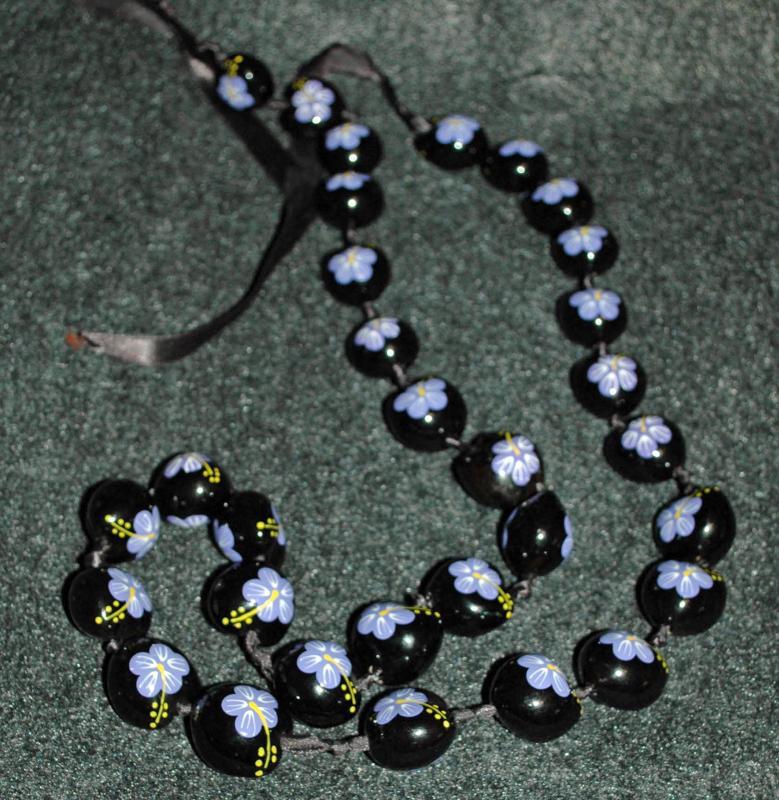 Hand painted Hawaiian Kukui Nut Necklace Lavender Hibiscus Flowers extra long