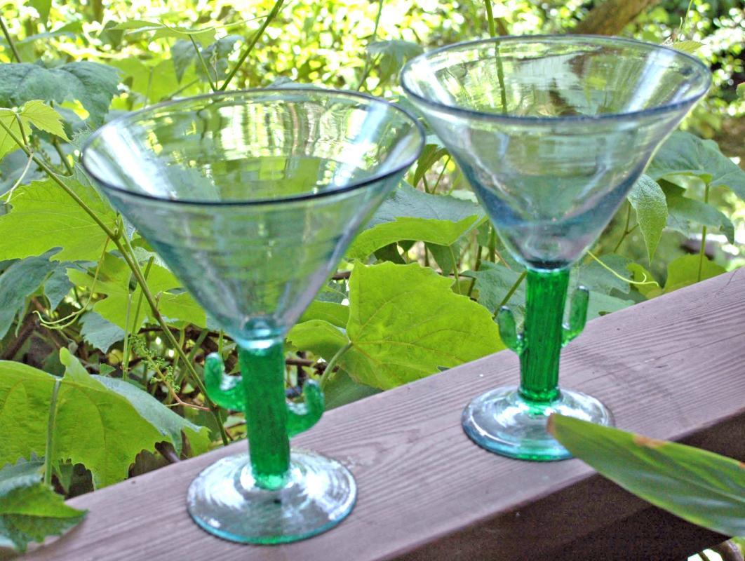 Mexican Cactus Stem Margarita Glasses Set of 2 Vintage Hand-blown Large Size