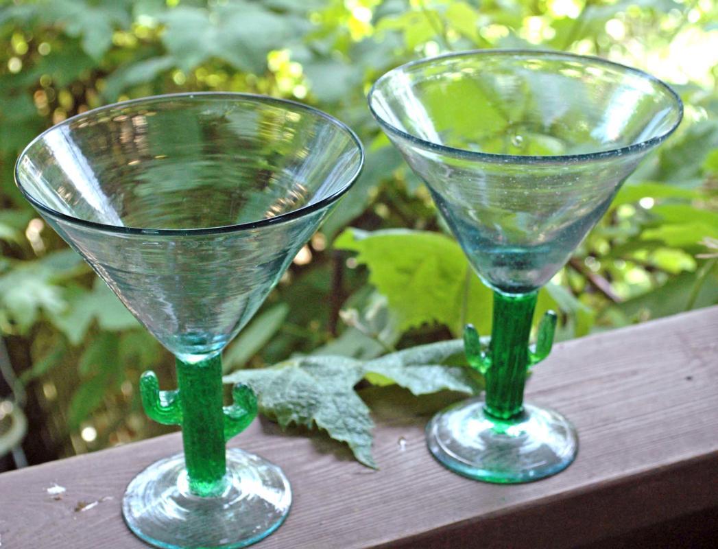 Mexican Cactus Stem Margarita Glasses Set of 2 Vintage Hand-blown Large Size