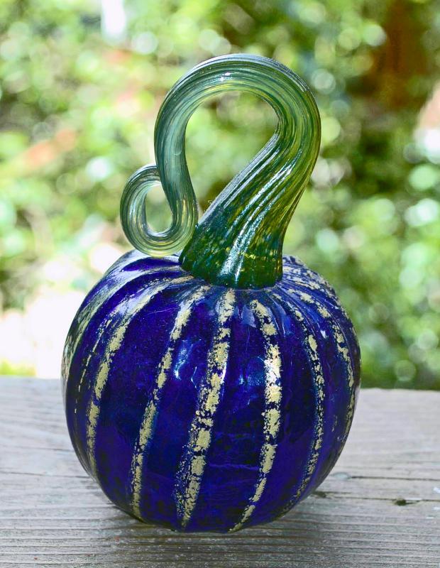 Signed Art Glass Cobalt Blue and Gold Pumpkin or Squash