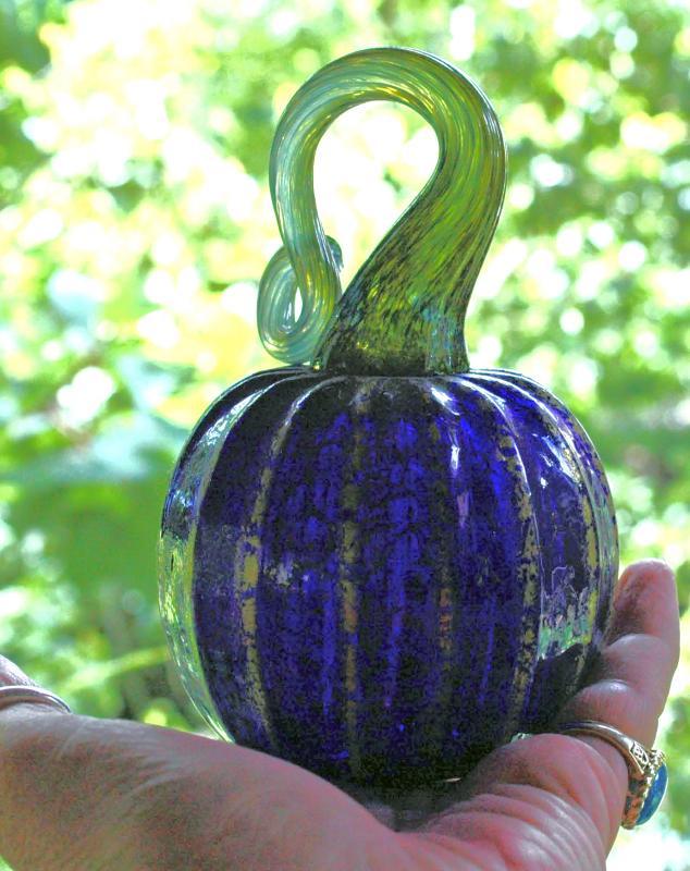 Signed Art Glass Cobalt Blue and Gold Pumpkin or Squash