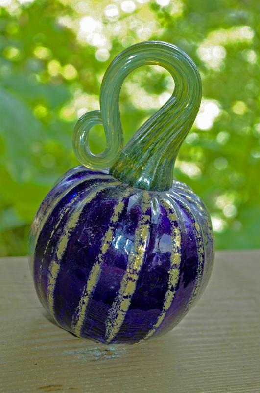 Signed Art Glass Cobalt Blue and Gold Pumpkin or Squash