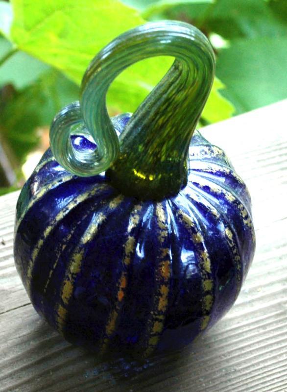 Signed Art Glass Cobalt Blue and Gold Pumpkin or Squash