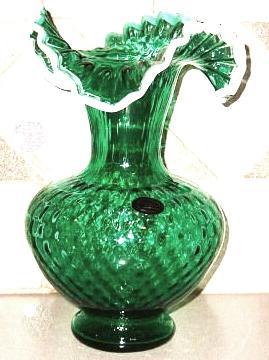Arte Murano Kristall Mery Lavorazione Green Glass Vase with Crimped White Ruffle Rim