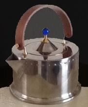 Jorgensen Bodum Tea Kettle, Pot, Modernist , Stainless Steel, Teak, Blue Glass