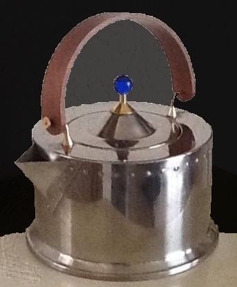 Jorgensen Bodum Tea Kettle, Pot, Modernist , Stainless Steel, Teak, Blue Glass