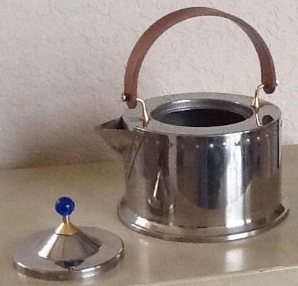 Jorgensen Bodum Tea Kettle, Pot, Modernist , Stainless Steel, Teak, Blue Glass