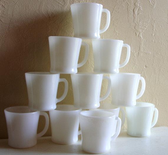12 Vintage Fire King Anchor Hocking Ivory White D-Handle Coffee Mugs.