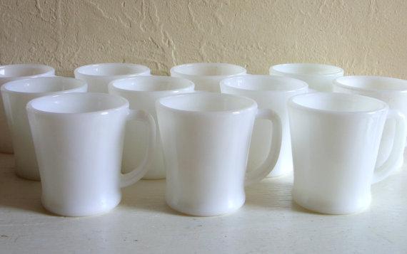 12 Vintage Fire King Anchor Hocking Ivory White D-Handle Coffee Mugs.