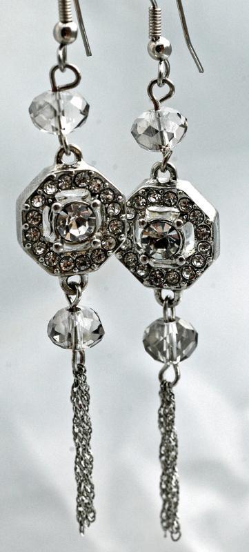 Unique Swarovski Crystal & Silver Long Dangle Earrings Double Sided Octagonal Bling Original Hand Crafted Design