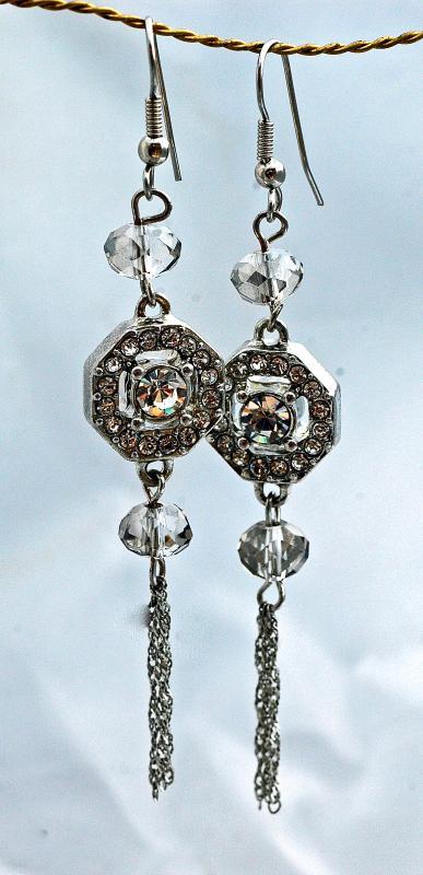 Unique Swarovski Crystal & Silver Long Dangle Earrings Double Sided Octagonal Bling Original Hand Crafted Design