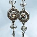Unique Swarovski Crystal & Silver Long Dangle Earrings Double Sided Octagonal Bling Original Hand Crafted Design