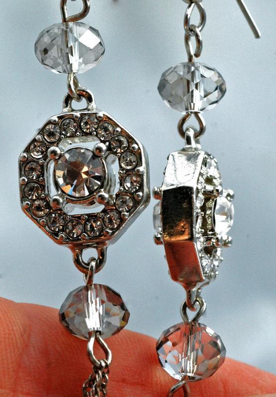 Unique Swarovski Crystal & Silver Long Dangle Earrings Double Sided Octagonal Bling Original Hand Crafted Design
